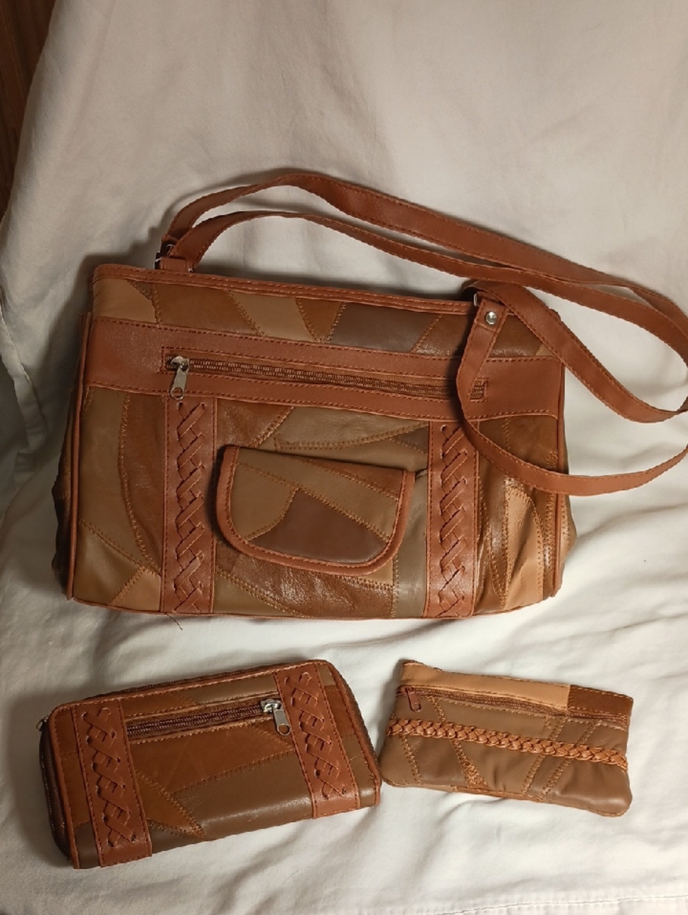 Tan Patchwork Leather & Faux Leather Shoulder Bag - 3 Piece Set